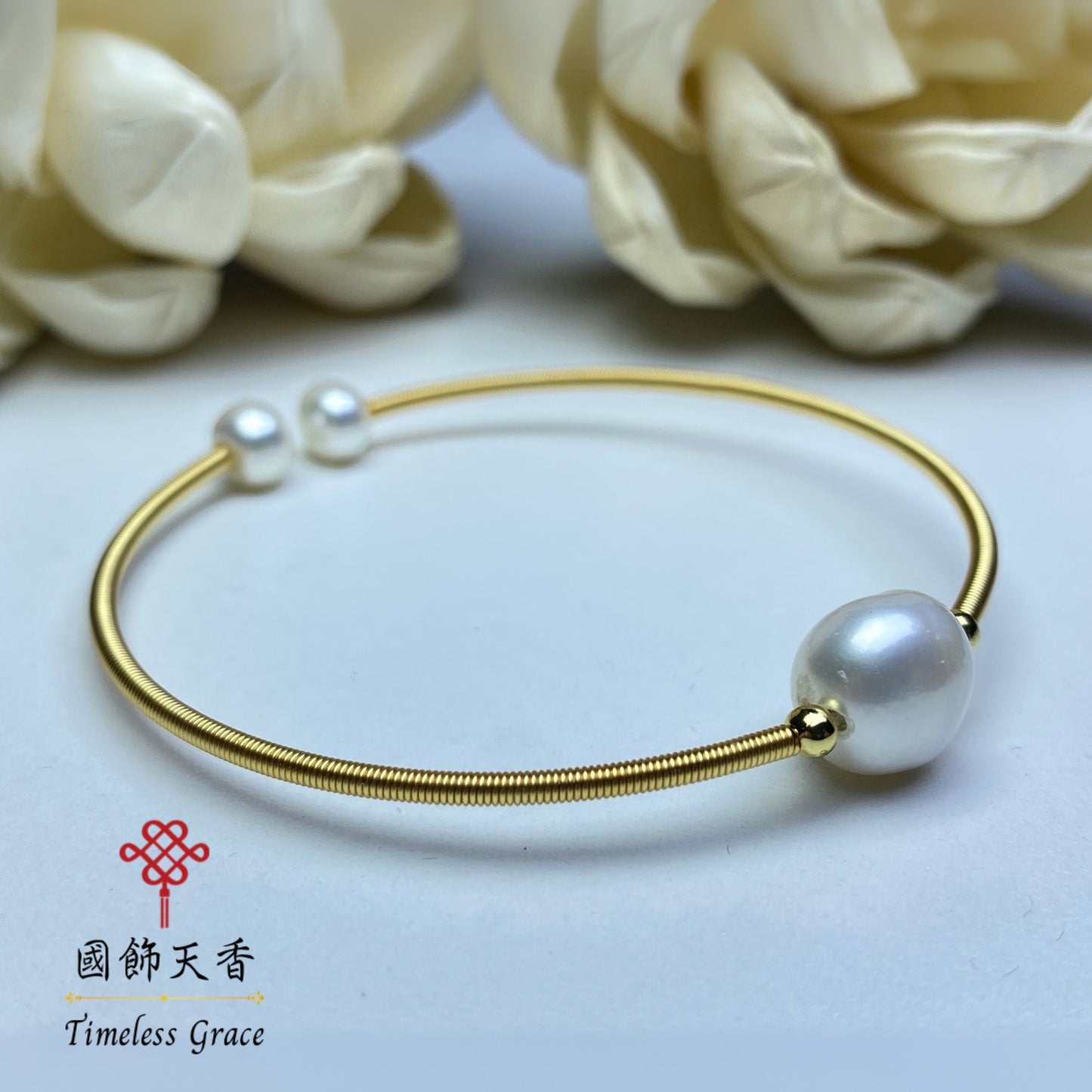 天然巴洛克淡水珍珠金屬繞絲手鐲(單珠款)
