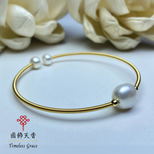 天然巴洛克淡水珍珠金屬繞絲手鐲(單珠款)