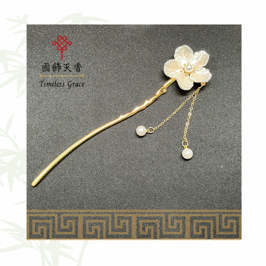 古風白色梔子花珍珠流蘇髮釵