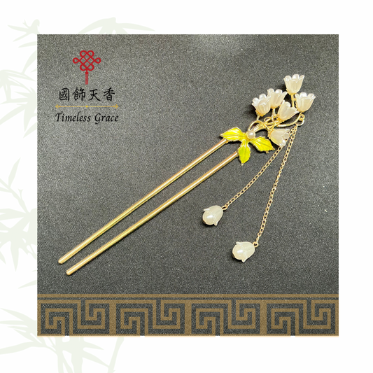 古風白色鈴蘭花雙插流蘇髮釵
