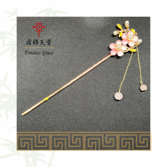 古風雙朵粉紅色五瓣花流蘇髮釵