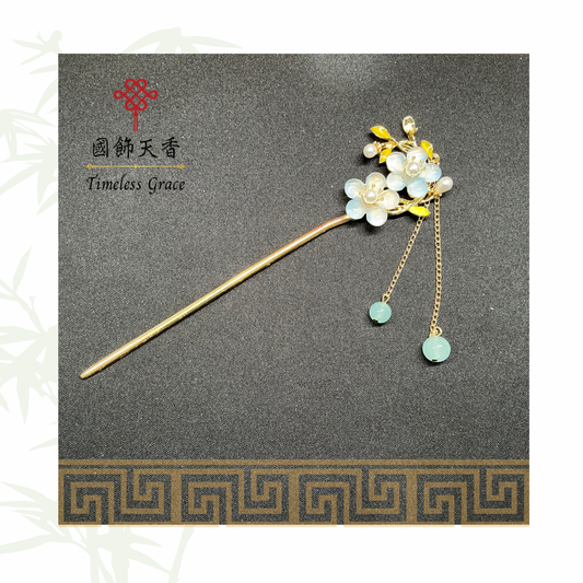 古風雙朵藍色五瓣花流蘇髮釵