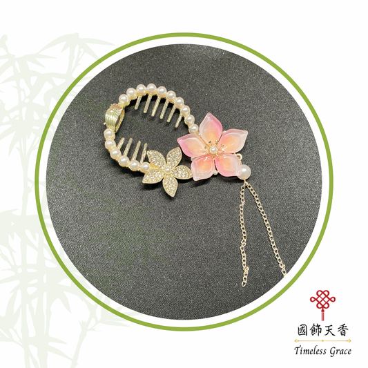 粉紅櫻花珍珠流蘇髮夾