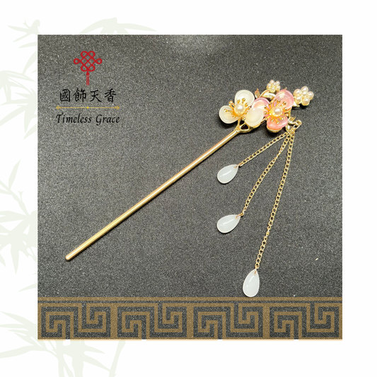 古風雙朵粉色三瓣花珍珠流蘇髮釵