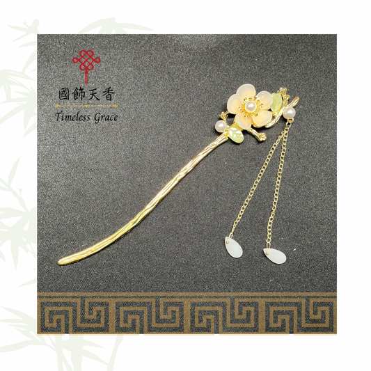 古風淡粉紅單朵五瓣花流蘇髮釵